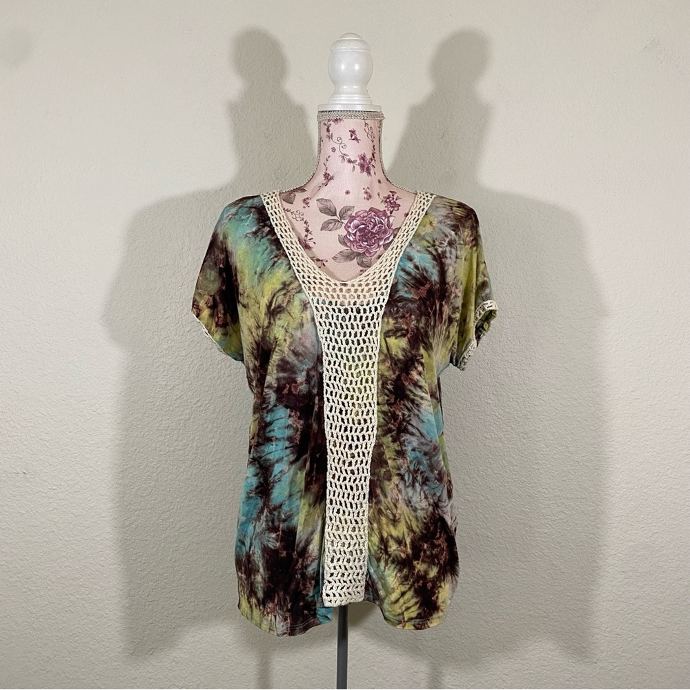 Rain sz:XL Tie-Dye Green/Blue/Brown Short Sleeve Top Knit Detail Panel at Front